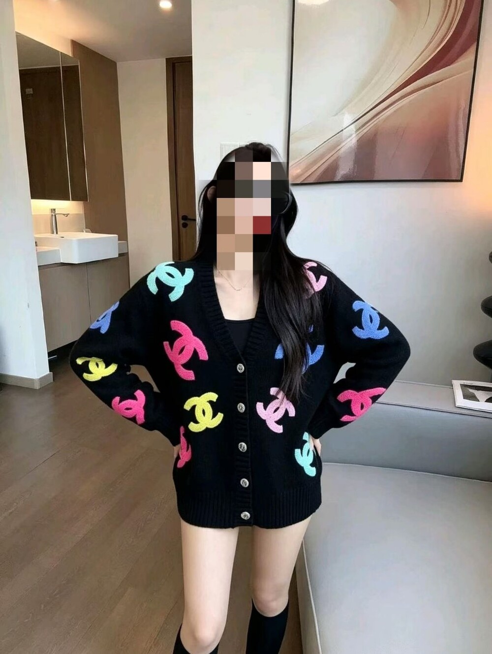 Chanel Black with Multicolor CC Logo Knit Cardigan Sweater - Picture 6 of 9